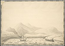 El HMS Dolphin de Samuel Wallis en bahía Matavai, Tahití. Ilustración de Samuel Wallis, hacia 1767. Bibliteca Nacional de Australia.