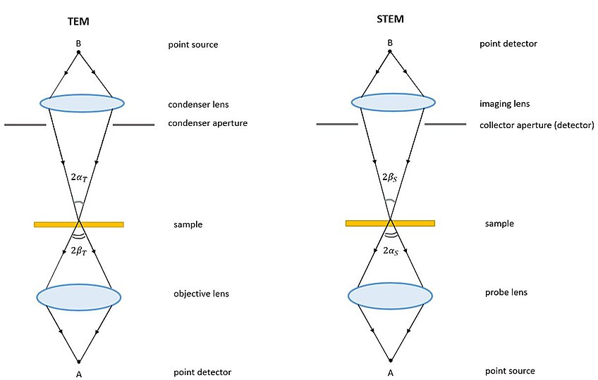 Schematic ray diagram illustrating the optical reciprocity between TEM (left) and STEM (right). The convergence angle in TEM, 
α
T
{\displaystyle \alpha _{T))
, becomes the collection angle in STEM, 
β
S
{\displaystyle \beta _{S))
. Image inspired by Hren et al.[59]
