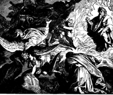 God Appears to Elijah on Mount Horeb, 1860 woodcut by Julius Schnorr von Karolsfeld Schnorr von Carolsfeld Bibel in Bildern 1860 117.png