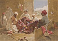Kaşmir şal fabrikada gösterilen Müslüman bir şal yapan aile, 1867, kromolitograf, William Simpson