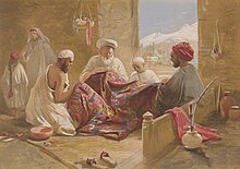 An 1867 William Simpson painting depicting men manufacturing shawls using pashm wool Shawl makers in Kashmir (1867).jpg