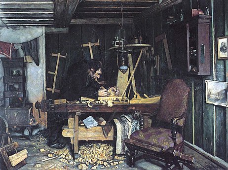 Gustav Wentzels Snekkerverksted fra 1881 har fået æren af at give stødet til 'Høstutstillingen' efter at billedet blev afvist i Christiania Kunstforening.[5][6]