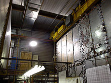 On the right is the front wall of the Soudan 2 detector. The corrugated walls seen on the left, center and top of the image are parts of its veto shield. Soudan-2 large.jpg