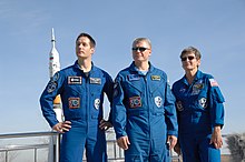 Pesquet (left) and fellow crew members Peggy Whitson (right) and Oleg Novitsky