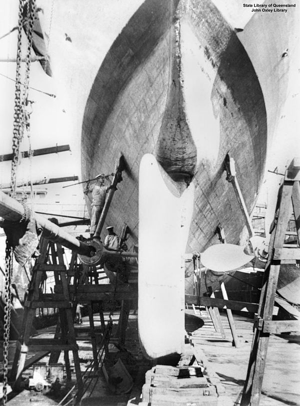 Cormoran in drydock in Sydney showing the arrangement of the screws and rudder