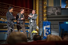 Le documentariste Félix Benoist, Patrice Muller, fils de Germain et Christian Hahn, ancien acteur du Barabli lors de la projection du film Les Alsaciens et le Barabli au cinéma Odyssée le 22 février 2014.