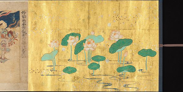 An illustrated image of the Lotus Sūtra, which is highly revered in Nichiren Buddhism. From the Kamakura period, c. 1257. Ink, color, and gold leaf on