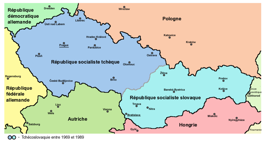 Carte de la République fédérale tchèque et slovaque avec ses deux composantes, la République socialiste tchèque et la République socialiste slovaque.
