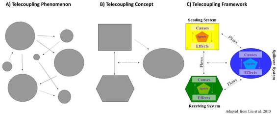Telecoupling is a complex phenomena. The telecoupling framework has been developed to identify and organize the essential components of a telecoupling. Telecoupling Framework.png