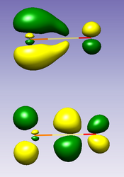 Figure 3: The HOMO and LUMO of the PCO anion; surfaces calculated with the B3LYP functional and aug-cc-pVTZ basis set using Molden and GAMESS. From left to right, the atoms are P, C and O. The HOMO and LUMO of the PCO anion.png