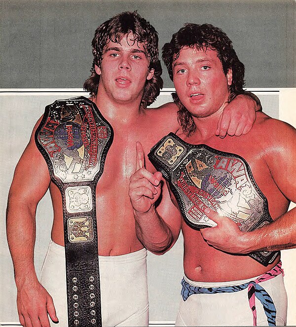 Shawn Michaels (left) with Marty Jannetty, known together as "the (Midnight) Rockers" during their time as AWA World Tag Team Champions