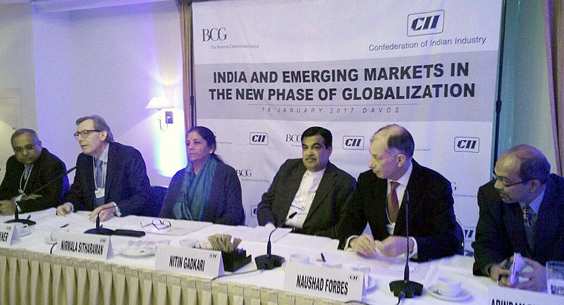 File:The Union Minister for Road Transport & Highways and Shipping, Shri Nitin Gadkari with the Minister of State for Commerce & Industry (Independent Charge), Smt. Nirmala Sitharaman at the panel discussion, in Davos, Switzerland.jpg