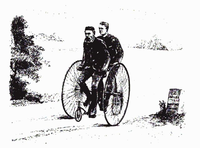 Thomas Humber and T.H.Lambert on a Humber Tandem Tricycle, circa 1885