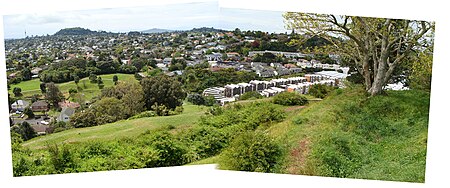 View north-east from the summit of Big King, showing terracing on the slopes from when it was a Maori pa Three Kings panorama Auckland.jpg