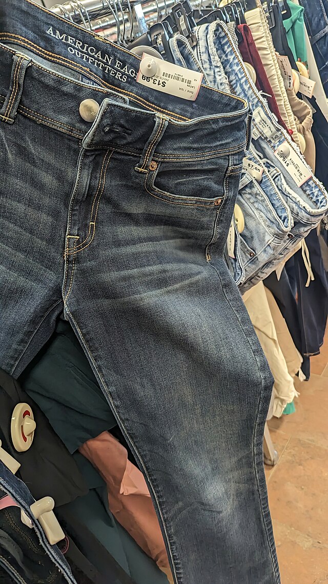 Branded Jeans on hanger inside of a local thrift store, with a price tag listed at $13.99.