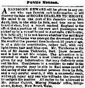 August 1865 advertisement in The Argus seeking information as to Tichborne's fate. Tichborne Advertisement 02 Aug 1865.jpg