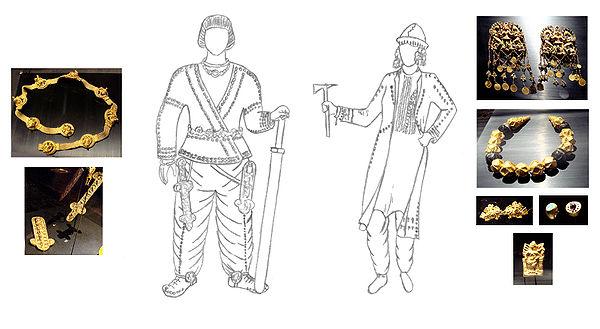 Reconstitution of two members of the Tillya Tepe burial, with corresponding artifacts: man (r. tomb IV) and woman (l. tomb II).