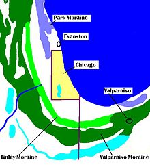 Tinley moraine, a glacial feature of Illinois & Indiana. Based on Publication 6876-12989-1-PB; The Tinley Moraine in Indiana; Allan F. Schneider; Indiana Geological Survey; Indianapolis, Indiana; undated Tinley Moraine in Indiana (wrkng).jpg