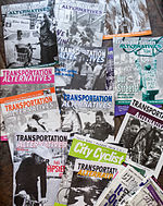 A collection of Transportation Alternatives and City Cyclist magazines which were sent to members, from the late 1990s Transportation Alternatives magazines.jpg