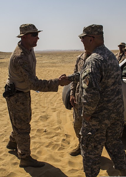 File:U.S. Army Maj. Gen. Robert Catalanotti, right, shakes hands with Marine Corps Master Sgt. Daniel Bogart during his visit to observe Marines training in support of Eagle Resolve 2013 in Al Galail, Qatar 130429-M-HF949-009.jpg