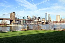 View of the Brooklyn Bridge and the Financial District from the park
