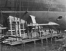 Arizona's starboard propeller shaft USS Arizona aft cradle before launch NARA 19-LC-19A-12.jpg