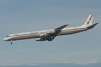 The 187 ft 4 in (57.10 m) long DC-8-61 was introduced by United Airlines in February 1967. United DC-8 N8099U descents using its thrust reversers.jpg
