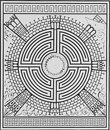 Dessin d'une mosaïque représentant un labyrinthe circulaire.