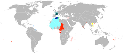 See map legend for color descriptions; sky blue = colonies under the control of Free France after Operation Torch