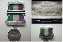 Medal in its presentation case with silver bar for a hunger strike and enamel bar for force-feeding awarded by the WSPU to Mabel Capper WSPU Hunger Strike Medal.jpg
