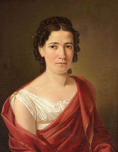 Black-haired Woman in a white dress and wine red shawl label QS:Len,"Black-haired Woman in a white dress and wine red shawl" label QS:Lde,"Schwarzhaarige Frau in weißem Kleid und weinrotem Umhang" 1818