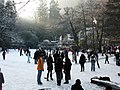 Zugefrorener Waldsee mit Schlittschuhläufern und Restaurant