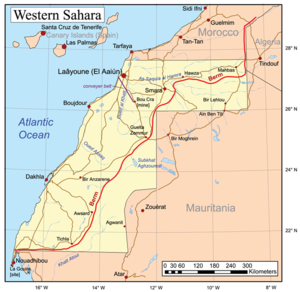 Западная Сахара. Красной линией показана «Марокканская стена»