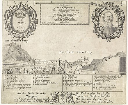 Etching of Adam Wybe's world's first cable car in Gdansk. (by Willem Hondius) Willem Hondius cable car.jpg