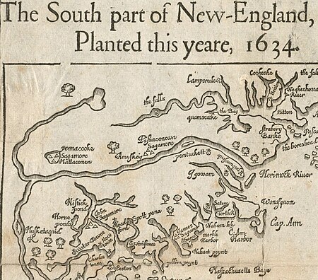 William Wood's map of New England in 1634, showing Passaconaway at Amoskeag on the Merrimack. Elsewhere in the text he refers to "Pissacannua, a Sagamore and a most noted nigromancer" Wood New England Map 1634 Detail.jpg