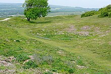 The backfilled remains of a flint mine shaft, one of about 270 mine shafts at Cissbury.  From around 4000BC, the South Downs above Worthing was Britain's earliest and largest flint-mining area.