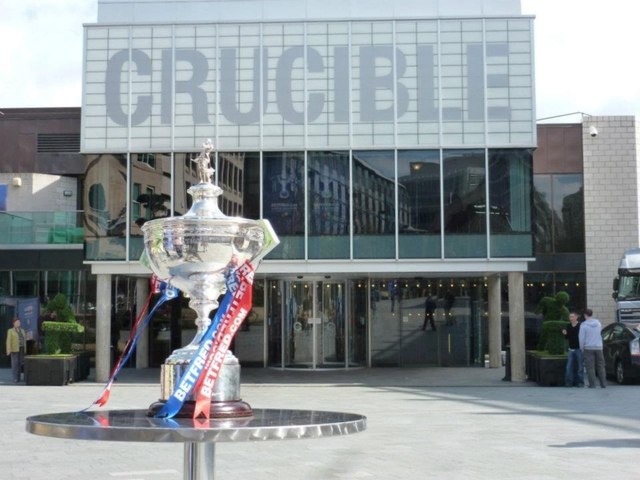 The World Snooker Championship trophy in front of the Crucible Theatre