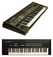 The Yamaha DX7, released in 1983, was the first commercially successful digital synthesizer and was widely used in 1980s pop music. Yamaha DX7 synthesizer - combined image with diagonal and top views.jpg