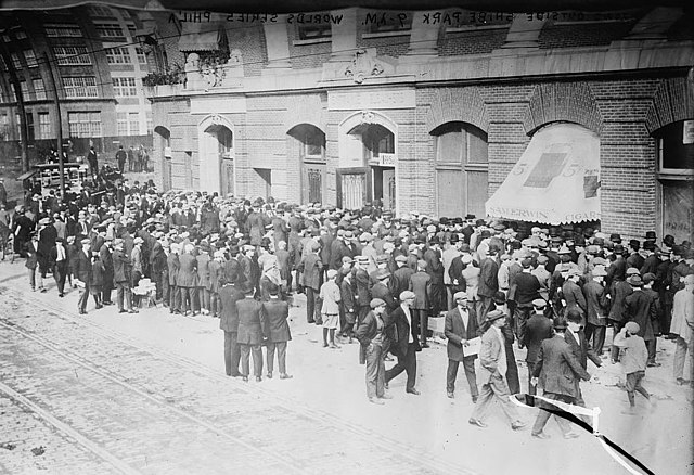 The head of the line: early risers at 9 am at the Shibe Park box office at 21st and Lehigh...