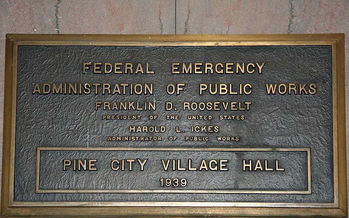Federal Emergency Administration of Public Works project plaque in the Pine City, Minnesota, City Hall