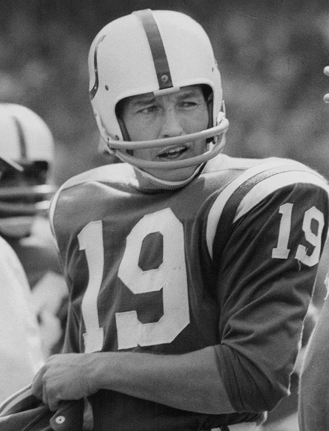 Johnny Unitas in his Baltimore Colts uniform and helmet