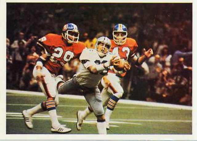 The Cowboys playing against the Denver Broncos in Super Bowl XII in 1977
