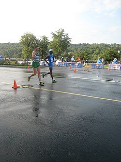 2013 IAAF World Championship in Moscow 50 km Men Walk Brendan BOYCE and Jean-Jacques NKOULOUKIDI 01.JPG