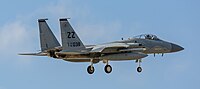 A US Air Force F-15C Eagle, tail number 81-0038, on final approach at Kadena Air Base in Okinawa, Japan. The aircraft is assigned to the 44th Fighter Squadron.