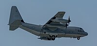 A United States Marine Corps KC-130J, registration number 169535, on final approach at Kadena Air Base in Okinawa, Japan. The aircraft belongs to VMGR-152 at Marine Corps Air Station Iwakuni.