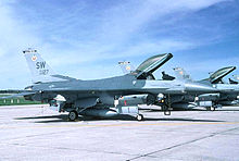 F-16C after being displaced from Homestead AFB, which was evacuated to Shaw in August 1992. Temporarily reassigned to the 363d FW, the tail codes were changed to "SW" when Homestead was destroyed by Hurricane Andrew and the squadron was reassigned to Shaw on a semi-permanent basis. 309th Fighter Squadron - General Dynamics F-16C Block 40G Fighting Falcon 89-2127.jpg