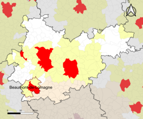 Lage des Attraktionsgebietes Beaumont-de-Lomagne im Département Tarn-et-Garonne.