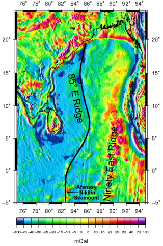 <span class="mw-page-title-main">Eighty Five East Ridge</span> Near-linear, aseismic, age-progressive ridge in the northeastern Indian Ocean