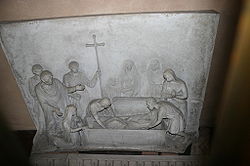 Fourth-century Christian burial depicted in relief at the Shrine of San Vittore in ciel d'oro, Basilica of Sant'Ambrogio, Milan. 9691 - Milano - S. Ambrogio - San Vittore in Ciel d'oro - Foto Giovanni Dall'Orto 25-Apr-2007.jpg