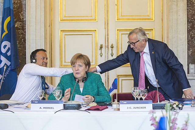 Leo Varadkar, Angela Merkel and Jean-Claude Juncker at an EPP summit in June 2018